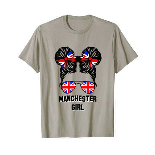 Manchester Girl United Kingdom Manchester Apparel Manchester Girl Messy Bun, UK British United Kingdom Flag T-Shirt