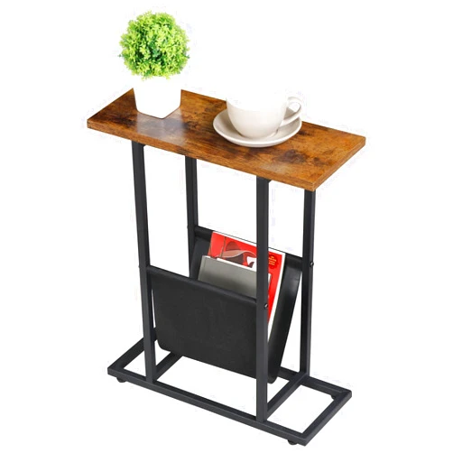 F2C Small Narrow Side Table with Magazine Holder Sling for Small Spaces, Slim Nightstand Magazine Table with Storage Holder, Snack Couch Bedside Table, Metal Frame, Industrial, Rustic Brown