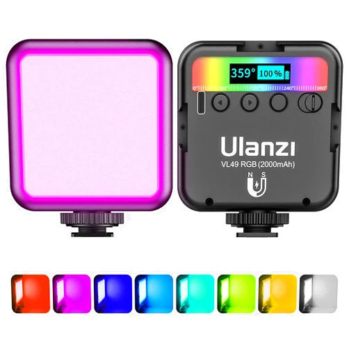 ULANZI RGB Video Lights VL49, LED Camera Light 360° Full Color Portable Photography Lighting w 3 Cold Shoe, 2000mAh Rechargeable CRI 95+ 2500-9000K Dimmable Panel Lamp Support Magnetic Attraction