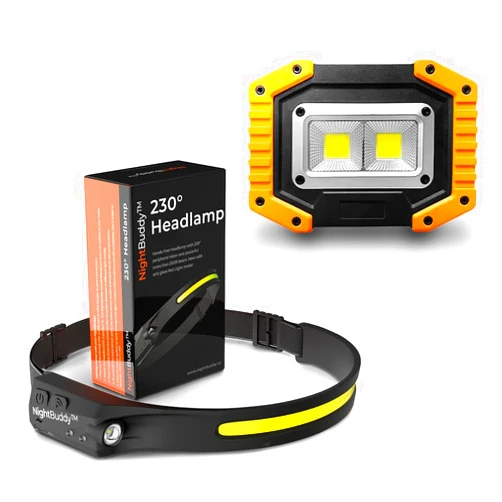 NightBuddy Original LED Headlamp Rechargeable Flashlight Adults Camping Essentials Backpacking Lights 4X Brighter Headband Lamp 5 Light Modes Hiking Gear Must Haves (Headlamp + Floodlight)