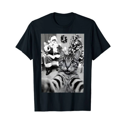 Santa Christmas Outfit Men Women Kids Christmas Santa Claus Merry X-Mas Funny Cat Selfie T-Shirt
