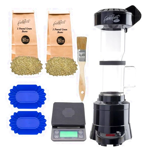 Fresh Roast Coffee Roaster Bundle SR800, Glass Extension Tube, Pour Over DIgital Scale, (2lbs) Sample Pack of Green Beans, (2-Pack) Sample Trays, Chaff Brush