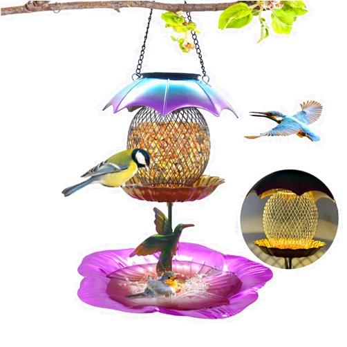 BeQell Solar Bird Feeder for Outdoors Hanging, Squirrel Proof Metal Wild Bird Feeders, Weatherproof Lantern Design Birdfeeders as Gift Idea for Bird Lovers,Garden Yard Patio Outside Decoration
