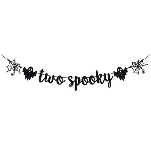 Calarjeta Two Spooky Banner, Halloween 2nd Birthday Party Decor, Two Spooky Birthday Decorations, Halloween Birthday Baby Shower Party Decorations, Black Glitter
