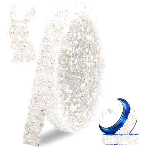 FULZTEY 3Yards Perals Self Adhesive Rhinestone Ribbon,Bling Clear Colorful AB Crystal Ribbon with White Pearls for DIY Crafts,1.3 CM Wide Crystal Rhinestone Trim for Car Wedding Party Decoration