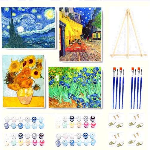VIGEGU 4 Pack Paint by Numbers Kit for Adults Beginner with Frame,Paint by Number with Wooden Easel DIY Van Gogh Starry Night Adult Paint by Number Kits for Home Decor 7.8x11.8inch