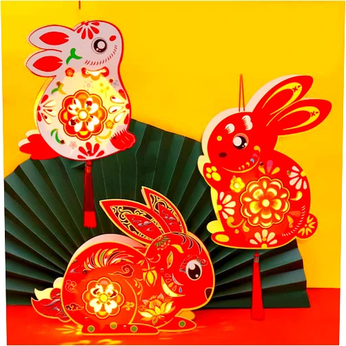 Zhqinger Chinese New Year Festival Decoration 3pcs Rabbit DIY Hanging Lanterns Cute Bunny Festival Ornament Hand-Held Portable Lantern Party New Year Holiday Decor Lunar Year Spring Festival Decor