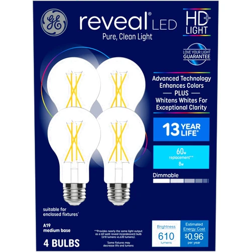 GE Reveal HD+ LED Light Bulbs, 60 Watt, A19 Bulbs (4 Pack)