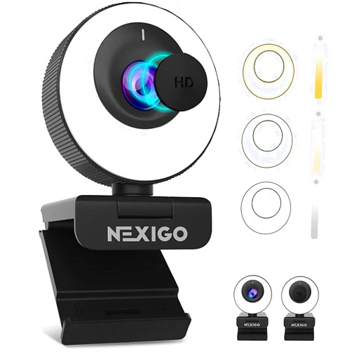 NexiGo N620E Webcam with Light, 1080P 60FPS AutoFocus, ePTZ 2X Digital Zoom, Plug and Play, [Software Included], FHD Streaming Web Camera, Dual Stereo Mics, for Zoom Skype Teams, PC Mac Laptop Desktop