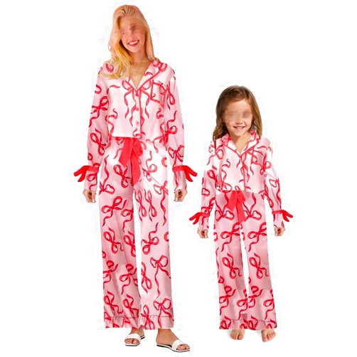 UAURORAO Mommy and Me Bow Pajamas Christmas Matching Pajama Sets Silk Satin Xmas Pjs 2 Piece Lounge Set for Women Girls