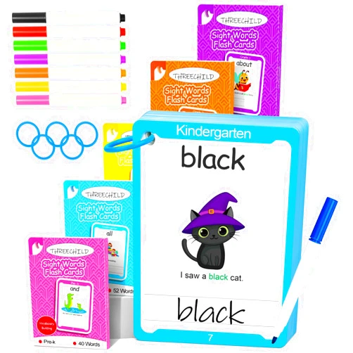 THREECHILD Sight Words Flash Cards Kindergarten - 220 Dolch Sight Words for Pre K, Kindergarten, 1st, 2nd, 3rd Grade - Homeschool Essential Learning Tools - Vocabulary Builder Montessori Toy for Kids 3-5 4-8 5-7