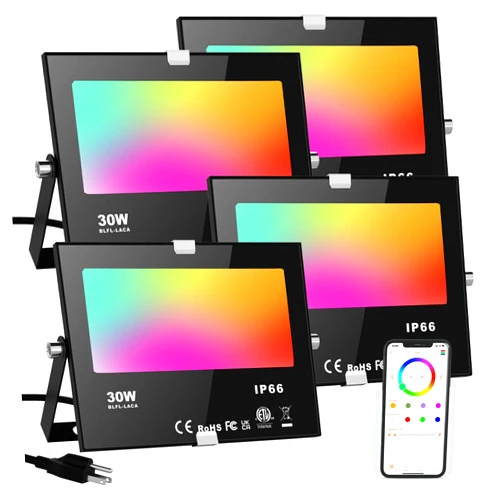 ChangM LED Flood Lights RGB Color Changing 300W Equivalent Outdoor, 30W Bluetooth Smart RGB Floodlight APP Control, IP66 Waterproof, Timing, 2700K&16 Million Colors 23 Modes for Garden Stage Lighting 4 Pack
