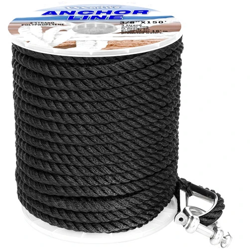 MARINE SYSTEM Boat Anchor Line 3 Strand Anchor Rope Black White Grey 3/8 Inch 50FT 100FT 150FT with Stainless Steel Thimble and Shackle for Boat (3/8
