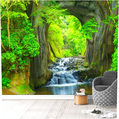 BEVEPE Green Forest Cave Creek Water Scenery Wall Murals, Custom 3D Photo Wallpaper Murals, Wall Decal Wrinkle Free Good Ductility Apply to Living Room Bedroom Background（78.7