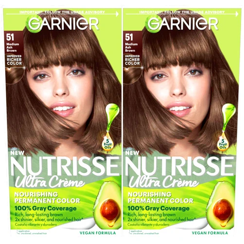 Garnier Hair Color Nutrisse Nourishing Creme, 51 Medium Ash Brown (Cool Tea) Permanent Hair Dye, 2 Count (Packaging May Vary)