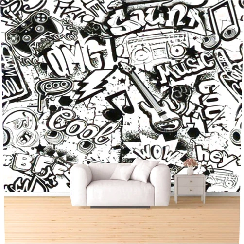 KHA44DFRGV Abstract Seamless Black and White Comics Graffiti Teenagers Repeats Peel & Stick Wallpaper Self-Adhesive Large Roll 3D Wall Mural Sticker Home Decor for Living Room, 69''H x 98''W