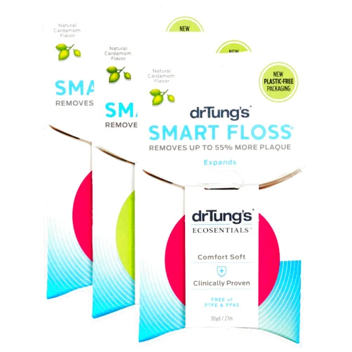 DrTung's Smart Floss - Natural, PTFE & PFAS Free Floss, Gentle on Gums, Expands & Stretches, BPA Free Floss - Natural Dental Floss Cardamom Flavor (Pack of 3)