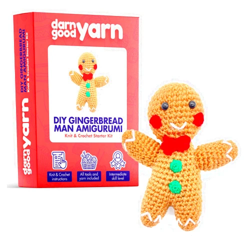 Darn Good Yarn - Crochet kit for Beginners to Intermediate | Gingerbread Man DIY Crochet Amigurumi - Crochet Kit Include Pattern, Yarn, Crochet Hook, Stuffing and Knitting Needles