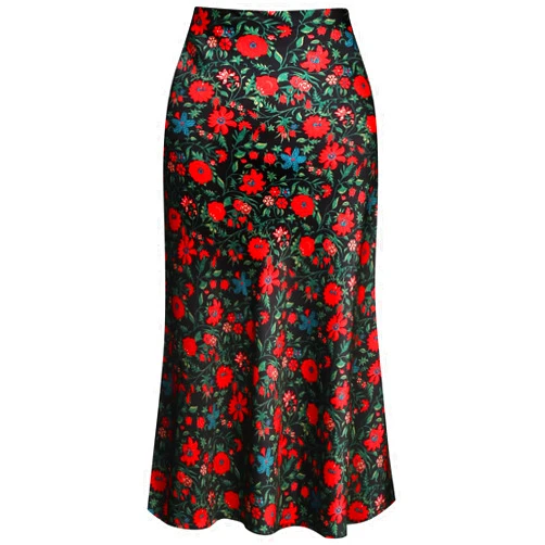 Keasmto Leopard Skirt for Women Midi Length High Waist Silk Satin Elasticized Cheetah Skirts