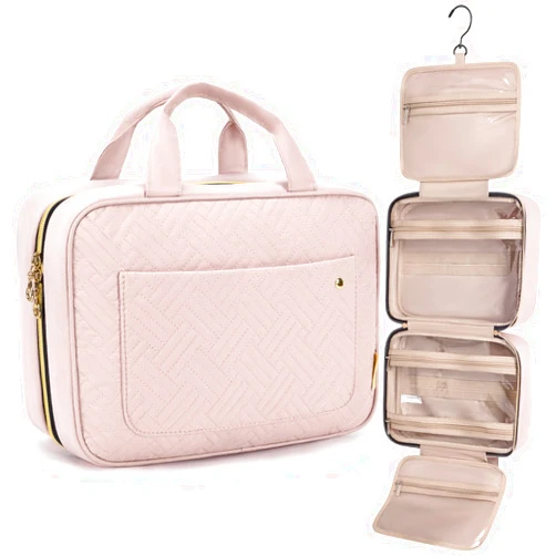 BAGSMART Toiletry Bag Travel Bag with Hanging Hook, Water-resistant Makeup Cosmetic Bag Travel Organizer for Accessories, Shampoo, Full-size Container, Toiletries (Light Pink, Medium)