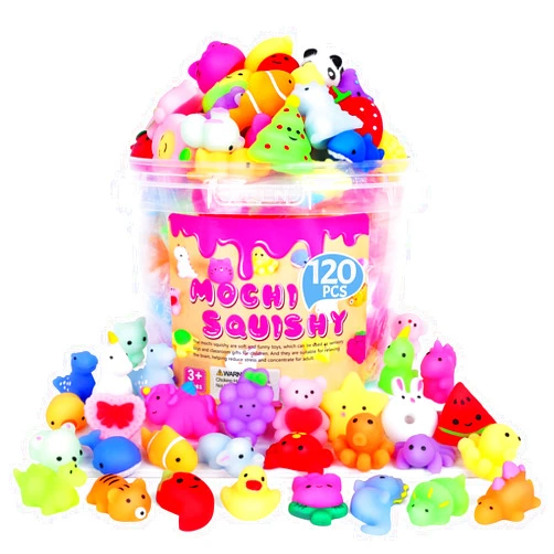 VISCOO Squishy Toys Squishies,120 Pack Mochi Squishy Bulk Party Favors for Kids,Squishy Fidget Toys Stress Toys, Treasure Box Toys for Classroom Prizes,Goodie Bags Fillers with Storage Bucket