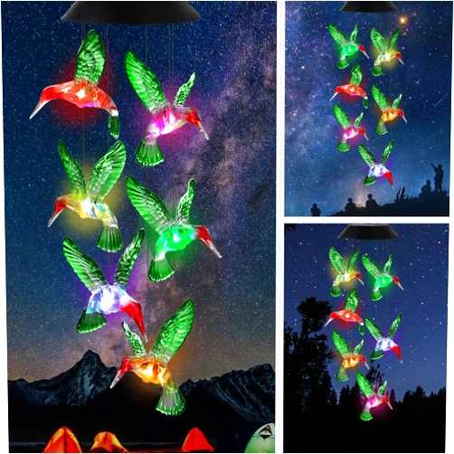 OkayGoo Hummingbird Solar Wind Chimes, OkayGoo Hummingbird Solar Lights Outdoor Wind Chimes Color Changing Hummingbird Gifts for Mom Grandma Christmas Decoration (Green)