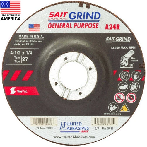 SAIT United Abrasives-SAIT 20063 A24R General Purpose/Long Life Grinding Wheel (Type 27/Depressed Center) 4 1/2