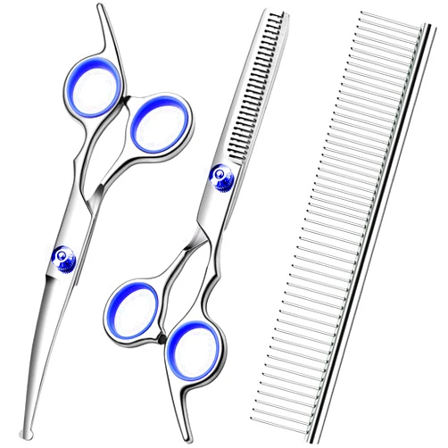 FAIGEO Professional Dog Grooming Scissors Kit, Titanium Coated Dog Scissors for Grooming, Grooming Shears Kit - Thinning, Curved Scissors and Comb for Dog Cat Pet (Blue 4 in 1)