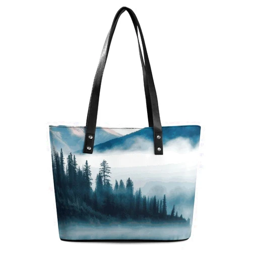 VFKLT Exquisite Leather Lady's Handbag, Foggy Mountains Landscape Printed Handbag Lychee Patterned Leather Handbag Suitable for Women for Travel, Fitness, And Commuting