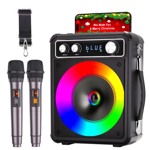 VOSOCO Karaoke Machine, Portable Bluetooth Speaker with 2 Wireless Microphones, PA System for Adults Kids with LED Lights, Supports REC/FM/AUX/USB/TF for Home Party