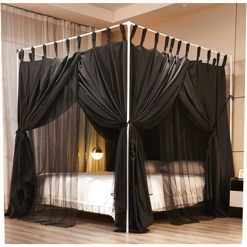 Mengersi Canopy Bed Curtains with Bed Canopy,Double Layer Lightproof Mosquito Net Mesh and Cloth for Girls Adults Bedroom Decoration(King,Black)