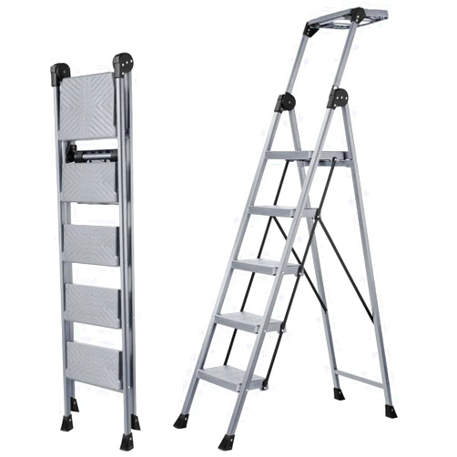 XinSunho 5 Step Ladder, Foldable Step Stool Ladder with Handrails & Tray, 660 lbs Heavy Duty Wide Pedals, Sturdy Steel Folding Ladder for Kitchen, Home, and Household Use (Silver, 5 Step)