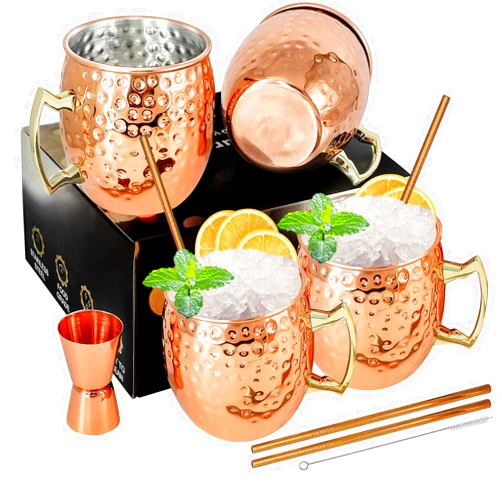 SuproBarware Moscow Mule Mugs Copper Mule Cup Kit 18oz Set of 4 with Handle Large Copper Hammered Plating Cups with 0.5oz Double Jigger, Stainless Steel Straws, Spoon for Cold Drinks Cocktails Wine