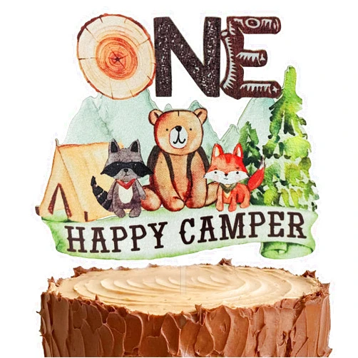 DoraDream One Happy Camper Cake Topper, Camping Theme 1st Birthday Cake Décor Mountain Woodland Animals 1st Birthday Party Decoration, Camping Theme Cake Smash Supplies