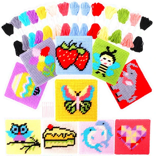 Pllieay Kids 10-in-1 Cross Stitch Beginner Kit for Kids, includes Instruction of 10 Different Patterns, 10 Blank Plastic Canvas for Needlework, and 14 Colored Threads, Needlepoint Starter Sewing Set