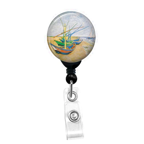 Pacific Impressions Gifts Vincent Van Gogh - Fishing Boats on the Beach at Saintes-Maries -Retractable Badge Reel - ID Name Tag Custom Badge Holder (Black Badge Reel with Spring Pinch Clip)