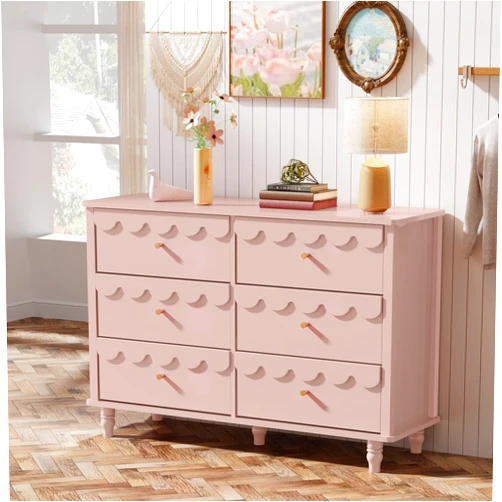 Anbuy Girls Scalloped Organizer Storage with Drawers, Pink 6 Drawer Dresser for Bedroom, Modern Wide Chest of Drawers, Fluted Petal Pattern Large Storage Cabinet for Bedroom, Living Room, Porch