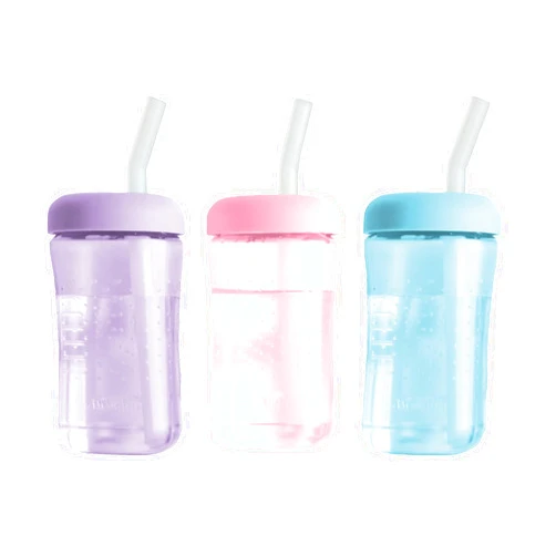 The First Years Squeeze & Sip Toddler Straw Cups - Squeezable Transition Sippy Cup with Silicone Straw - Toddler Feeding Supplies - Pink/Purple/Blue - 7 Oz - 3 Count - Ages 6 Months and Up
