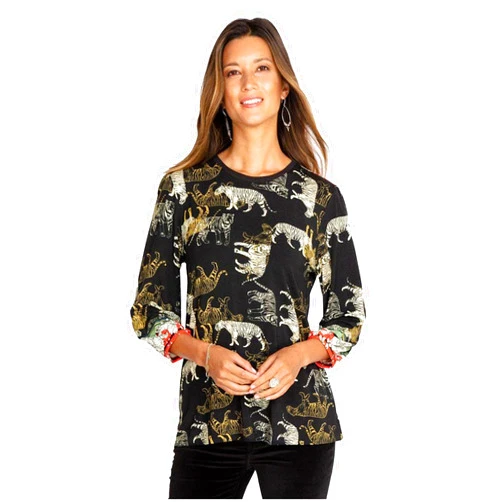 Johnny Was Teeger Knit Puff Sleeve Long Top Tee Shirt Zebra Animal Black New