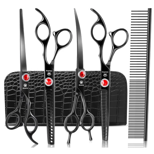 GLADOG 7 Inch Professional Dog Grooming Scissors Kit, Titanium Dog Scissors for Grooming, Heavy-Duty Dog Shears for Grooming, 6-in-1 Pet Grooming Scissors for Dogs, Cat Grooming Scissors (Black)