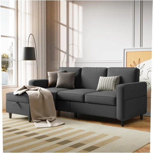 Lonkwa Sectional Sofa Couches for Living Room - 78'' Dark Grey 3 Seat L-Shaped Couch with Storage Ottoman, Modern Linen Convertible Sectionals Sofas with Chaise for Apartment, Office, Small Space