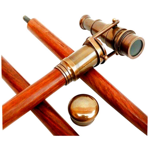 Medieval Replicas Nautical Wooden Walking Stick W/Brass Telescope Handle Collectible 38'' long Wood Cane