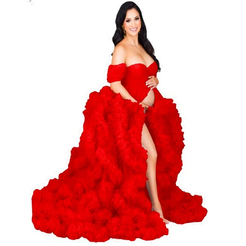 BONOYUER Women's Tulle Maternity Gown for Photoshoot Puffy Ruffles Bridal Lingerie Pregnancy Robe Bathgown Wedding Scarf