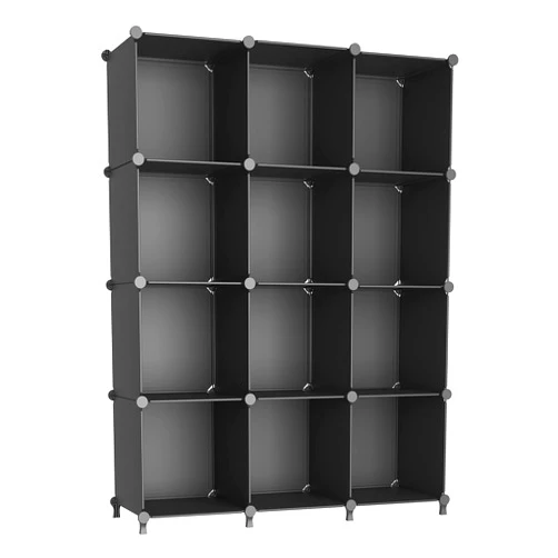 AWTATOS Cube Storage Organizer Modular Storage 12 Cube Bookshelf DIY Plastic Closet Storage Shelves with Wooden Mallet, Ideal Storage Solution for Home, Office, Bedroom, Black