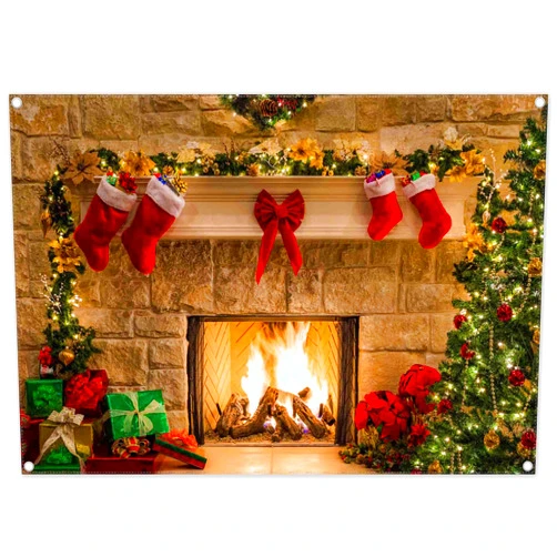 ZTHMOE 7x5ft Polyester Christmas Fireplace Photography Backdrop Vintage Xmas Tree Sock Background Santa Gift Party Decorations Portrait Photo Banner Booth Props with Four Holes Easy to Hang