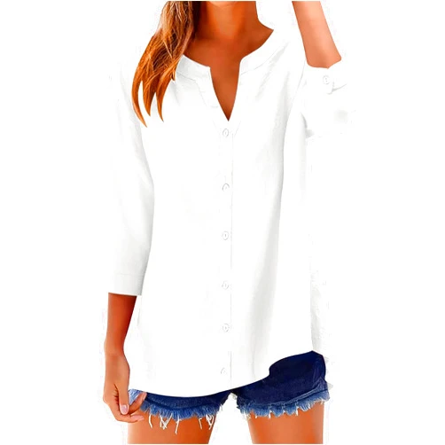 LOMON Womens 3/4 Sleeve Button Down Shirts Cotton Linen Roll Up Short Sleeve Tops V Neck Casual Loose Fit Blouses