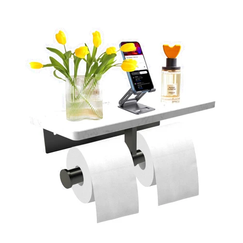 Chihod Double Toilet Paper Holder, Natural Marble Shelf and Mattle Black Towel Rack, Toilet Roll Holder Stainless Steel, Tissue Paper Holder Wall Mounted for Bathroom, Phone/Wipes/Rolls Storage