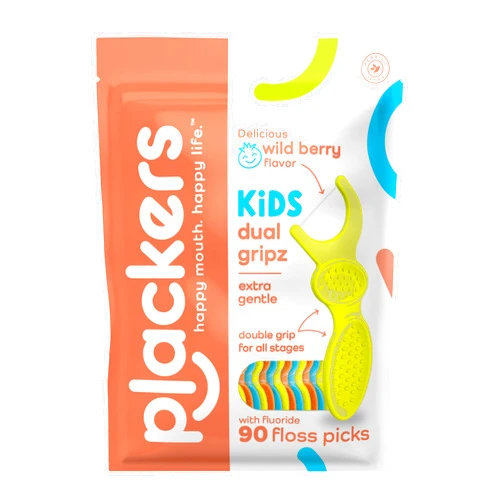 Plackers Kids Dual Gripz Floss Picks with Double Grip Handle, Wild Berry Flavor, 90 Count