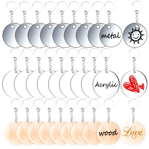 KSVZS 【3 Material-in-1】Acrylic Blanks kit, 10Acrylic Blanks+10Stainless Steel Metal Blanks+10Wooden Blanks,Acrylic Keychain Blanks for Vinyl,Metal Keychain Blanks for Engraving,Wooden Ring for Crafts