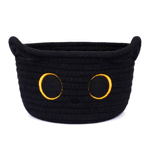 Hkojewp Small Storage Basket, Black Cat Cotton Rope Baskets Woven Blasket for Nursery, Blanket Basket Organizer With Ears Baby Toy Storage Basket for Gifts Cat Dog Bin Toys 8.5×4.5 inches